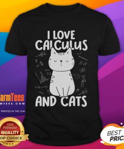Adorable 'I Love Calculus And Cats' math T-shirt featuring a playful cat design, perfect for math enthusiasts and cat lovers.