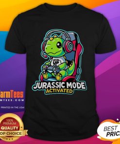 Alt Text: Cute Jurassic Mode Activated Dinosaur T-Shirt featuring a colorful dinosaur graphic on a vibrant background.