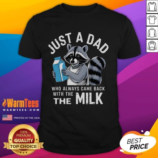Alt Text: Cute 'Just A Dad Who Always Came Back With The Milk' raccoon t-shirt design for dads who love fun and humor.