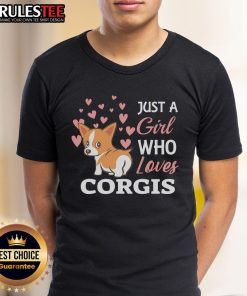 Alt Text: Cute Just A Girl Who Loves Corgis T-Shirt featuring a playful corgi graphic and vibrant colors, perfect for dog lovers.