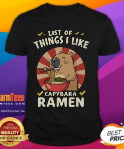 Cute List of Things I Like Capybara Ramen T-Shirt featuring playful capybara and ramen graphics in vibrant colors.