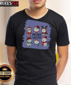 Cute Meowy Christmas 6 Cats T-Shirt featuring playful kittens in festive holiday attire and Christmas decorations.