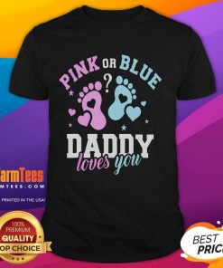 Cute pink or blue gender reveal t-shirt with Daddy Loves You text, perfect for celebrating baby's upcoming arrival.