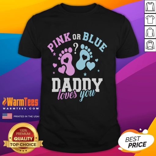 Cute pink or blue gender reveal t-shirt with Daddy Loves You text, perfect for celebrating baby's upcoming arrival.