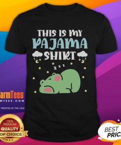 Alt Text: Cute teen wearing funny frog pajamas with 'This Is My Pajama' t-shirt, showcasing playful pajama style.