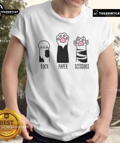 Adorable cat paws playing rock paper scissors on a funny T-shirt design, perfect for animal lovers and game enthusiasts.