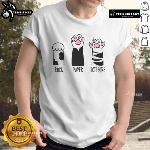 Adorable cat paws playing rock paper scissors on a funny T-shirt design, perfect for animal lovers and game enthusiasts.