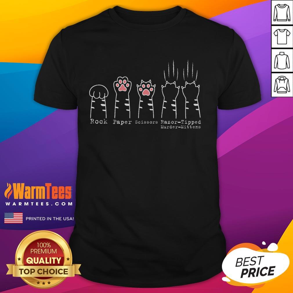 Cute Rock Paper Scissors Razor-Tipped Murder-Mittens Cat Kitten Cute Paw T-Shirt Cute Rock Paper Scissors Razor-Tipped Murder-Mittens Cat T-Shirt featuring an adorable kitten and playful paw design.