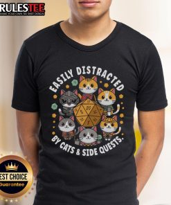 Alt Text: Cute RPG gamer cats playfully distracted by side quests and gaming dice on a fun t-shirt design for cat lovers.