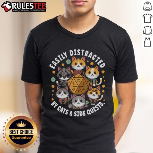 Alt Text: Cute RPG gamer cats playfully distracted by side quests and gaming dice on a fun t-shirt design for cat lovers.