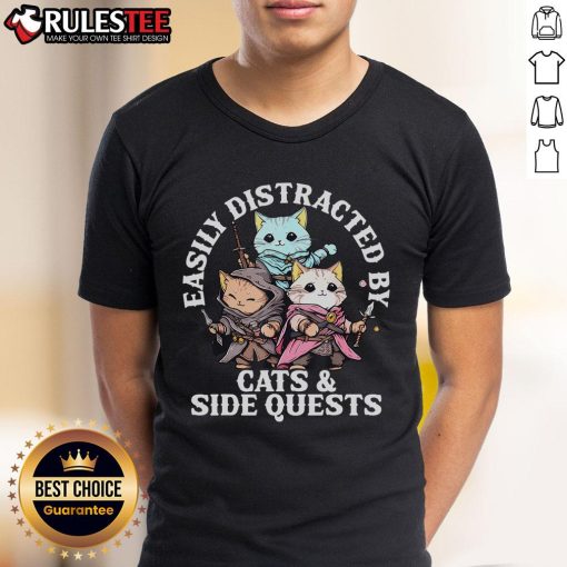 Adorable RPG gamer cats on a side quest, featured on a nerdy tabletop T-shirt for cat lovers and gaming enthusiasts.