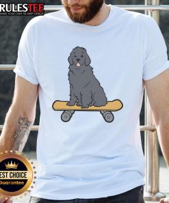 Alt Text: Cute Newfoundland dog skateboarding in a fun graphic on a T-shirt, perfect for dog lovers and skater enthusiasts.