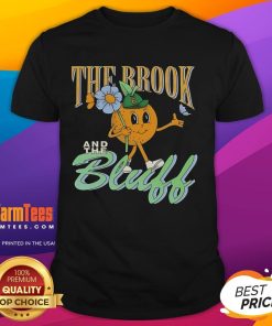 Alt Text: Cute tangerine mascot t-shirt featuring The Brook & The Bluff logo, perfect for fans of the band and stylish apparel.
