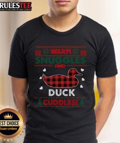 Adorable 'Cute Warm Snuggles Duck Lovers Xmas' ugly Christmas T-shirt featuring a festive duck design, perfect for the holidays.