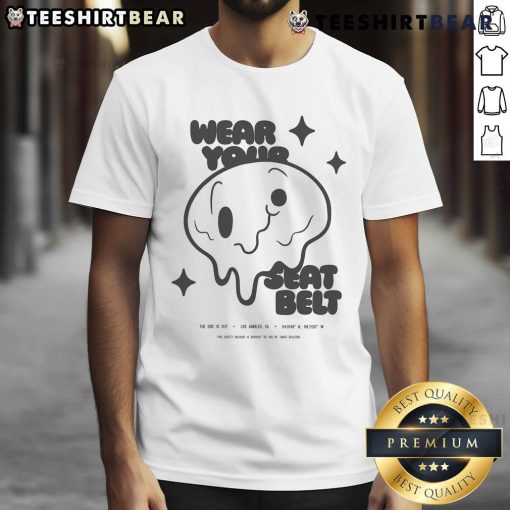 Adorable 'Wear Your Seatbelt' T-shirt featuring vibrant colors and playful graphics promoting seatbelt safety for kids.