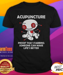 Funny acupuncture voodoo doll Goth emo T-shirt showcasing humor in life improvement through playful stabbing.