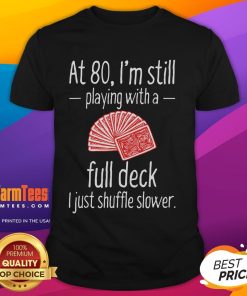 Alt Text: Funny 'At 80 Im Still Playing With A Full Desk I Just Shuffle Slower' T-Shirt design for humor-loving seniors.