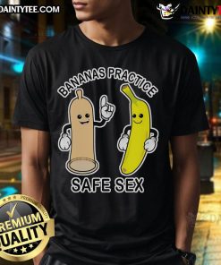 Funny Bananas Practice Safe Sex condom graphic on a humorous banana t-shirt, promoting safe sexual health awareness.