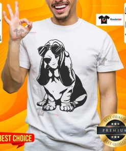 Funny Basset Hound with sunglasses on a hipster dog T-shirt, showcasing a playful and stylish pet design.