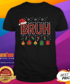 Alt Text: Funny Bruh Christmas Holly Red Plaid Xmas Pajamas T-Shirt featuring a playful holiday design and festive colors.