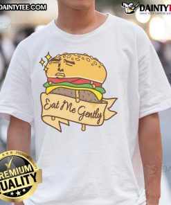 Funny Burger Eat Me Gently T-Shirt featuring a playful burger graphic, perfect for food lovers and humor enthusiasts.