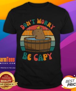 Alt Text: Funny Capybara Don't Worry Be Capy retro sunset t-shirt featuring a cheerful capybara silhouette against vibrant colors.