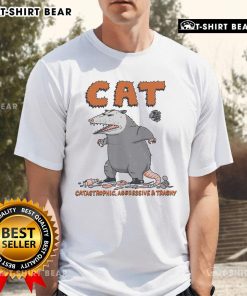 Funny cat in a catastrophic pose wearing a trashy T-shirt, showcasing humorous feline antics and quirky style.