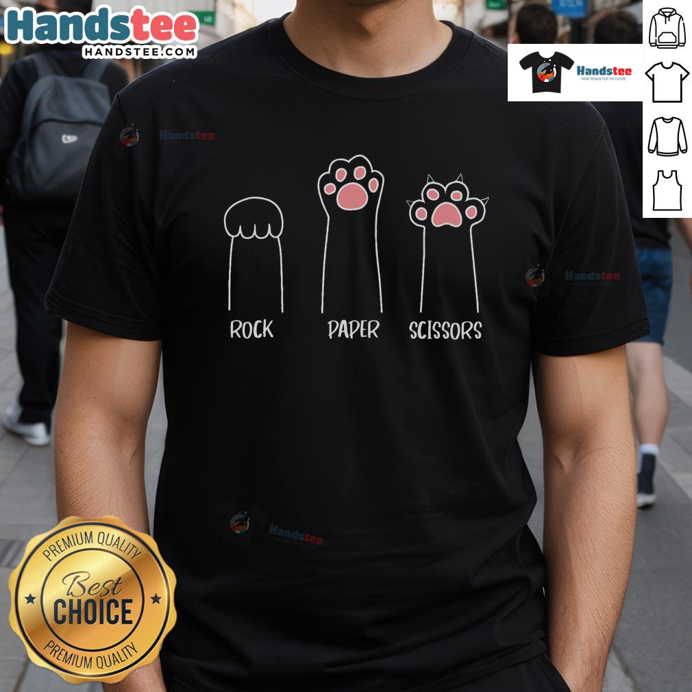 Funny Cat Rock Paper Scissors Hand Game Cute Paw T Shirt Cute cat playing rock paper scissors with its paw on a fun T-shirt design, perfect for cat lovers and gamers.