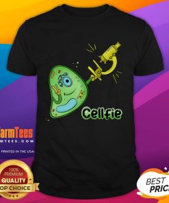 Funny 'Cellfie' Science Joke T-Shirt featuring a biology cell and microscope pun, perfect for science lovers.