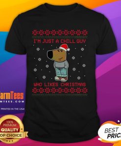 Funny Chill Guy Christmas T-Shirt featuring a relaxed character in festive attire, perfect for holiday gatherings.