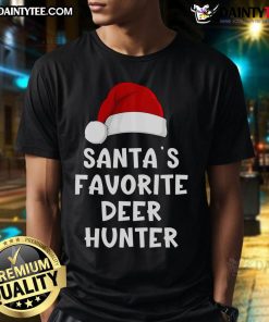 Alt Text: Funny Christmas Santa's Favorite Deer Hunter Xmas Pajama T-Shirt featuring a playful design of Santa and a deer.