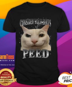 Funny 'Consider Your Pants Peed' silly cat meme t-shirt featuring a humorous cartoon cat design and playful text.