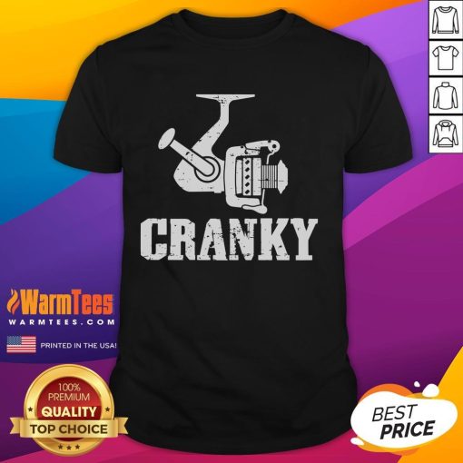 Funny Cranky Reel Fisherman T-Shirt featuring a humorous design of an annoyed fisherman with fishing gear.