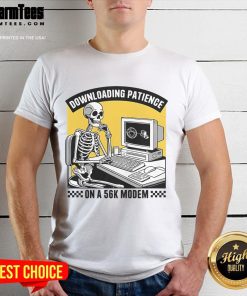 Funny downloading patience on a 56K modem skeleton t-shirt design, showcasing retro tech humor and nostalgia.
