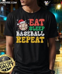 Funny Eat Sleep Baseball Repeat Christmas T-Shirt with snowflakes design, perfect for baseball fans during the holidays.
