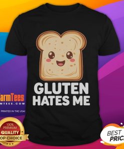 Funny Gluten Free Gluten Hates Me Celiac T-Shirt featuring humorous text for celiac disease awareness and gluten-free living.