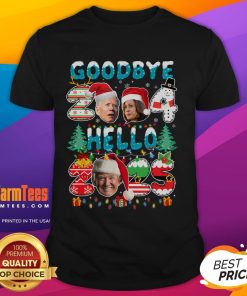 Funny Goodbye 2024 Hello 2025 Trump Christmas New Years Eve T-Shirt featuring humorous design for festive celebrations.