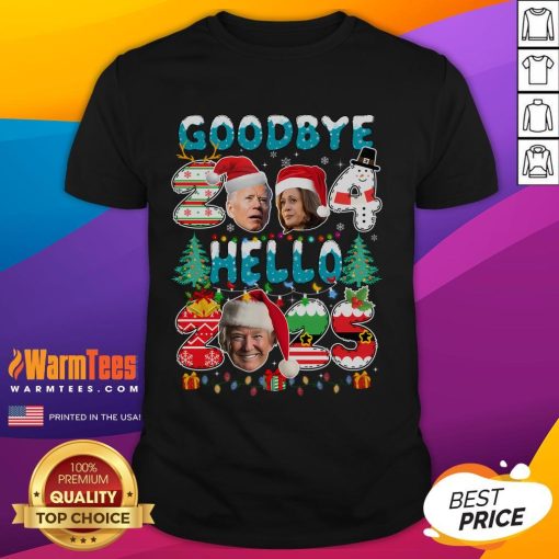 Funny Goodbye 2024 Hello 2025 Trump Christmas New Years Eve T-Shirt featuring humorous design for festive celebrations.