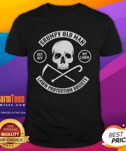 Funny Grumpy Old Man Lawn Protection Society skull T-shirt design with humorous 'Get Off My Lawn' slogan.