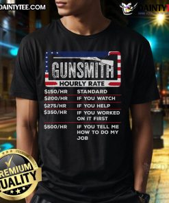 Funny Gunsmith Hourly Rate T-Shirt featuring humorous gunsmithing graphics for gun enthusiasts and hobbyists.