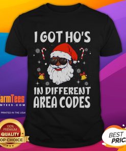 Funny Afro American Santa Claus T-Shirt with 'I Got Ho's In Different Area Codes' text, perfect for holiday humor.