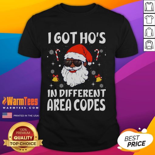 Funny Afro American Santa Claus T-Shirt with 'I Got Ho's In Different Area Codes' text, perfect for holiday humor.