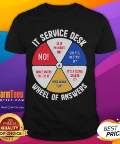 Funny IT Service Desk Wheel of Answers T-Shirt for tech lovers, featuring humorous IT solutions and graphics.
