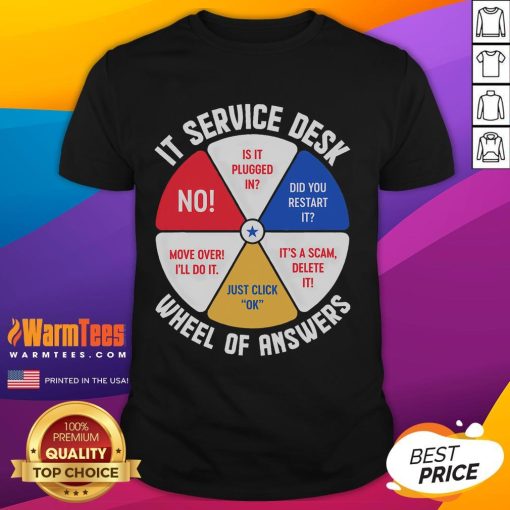 Funny IT Service Desk Wheel of Answers T-Shirt for tech lovers, featuring humorous IT solutions and graphics.