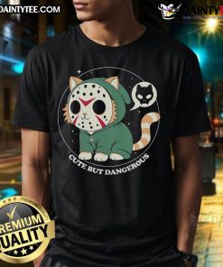 Funny Jason Voorhees cat graphic tee, featuring a cute yet dangerous design perfect for Halloween and horror fans.