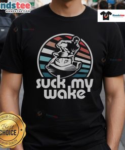 Funny Jet Ski Suck My Wake retro T-shirt design featuring vibrant jet ski graphics and playful text for water sports lovers.