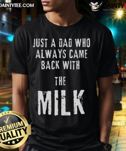 Alt Text: Funny 'Just A Dad Who Always Came Back With The Milk' T-Shirt design, perfect for humorous Father's Day gifts.