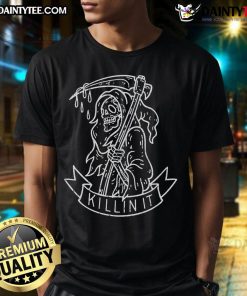 Funny Killin It Grim Reaper distressed tattoo art T-shirt featuring a playful design with a humorous skull graphic.