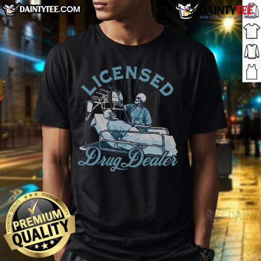 Funny Licensed Drug Dealer Skeleton Nurse wearing a stethoscope on a T-Shirt showcasing humorous doctor-themed graphic design.