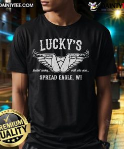 Funny Lucky's Motorcycles Spread Eagle WI T-Shirt featuring a playful design and vibrant colors for motorcycle enthusiasts.